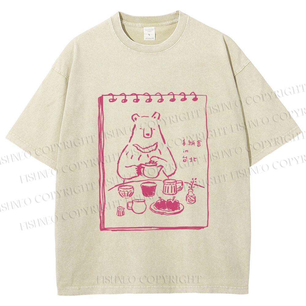Unisex Bear's Tea Time Poster Printed Washed Tee