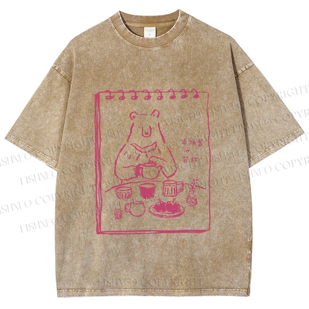 Unisex Bear's Tea Time Poster Printed Washed Tee