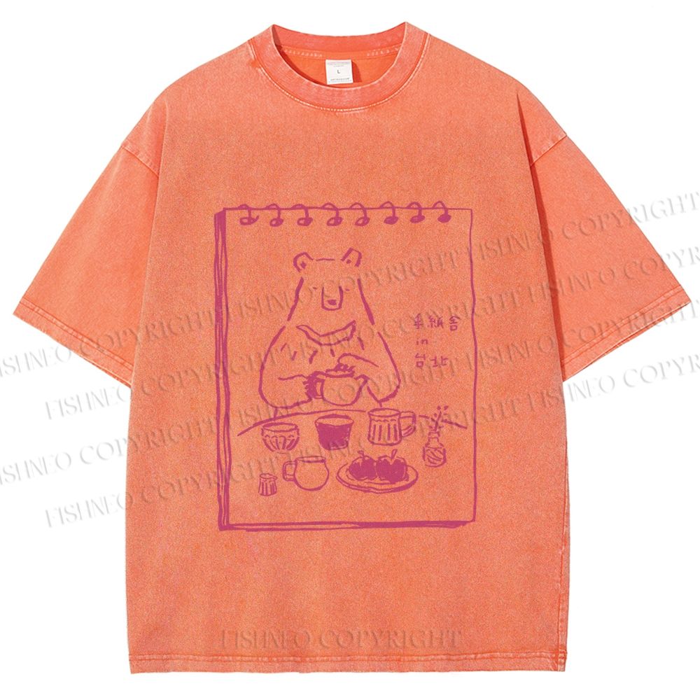 Unisex Bear's Tea Time Poster Printed Washed Tee