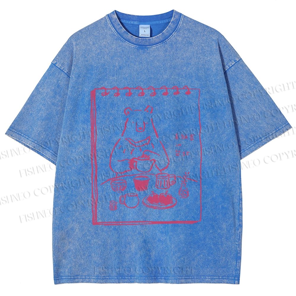 Unisex Bear's Tea Time Poster Printed Washed Tee
