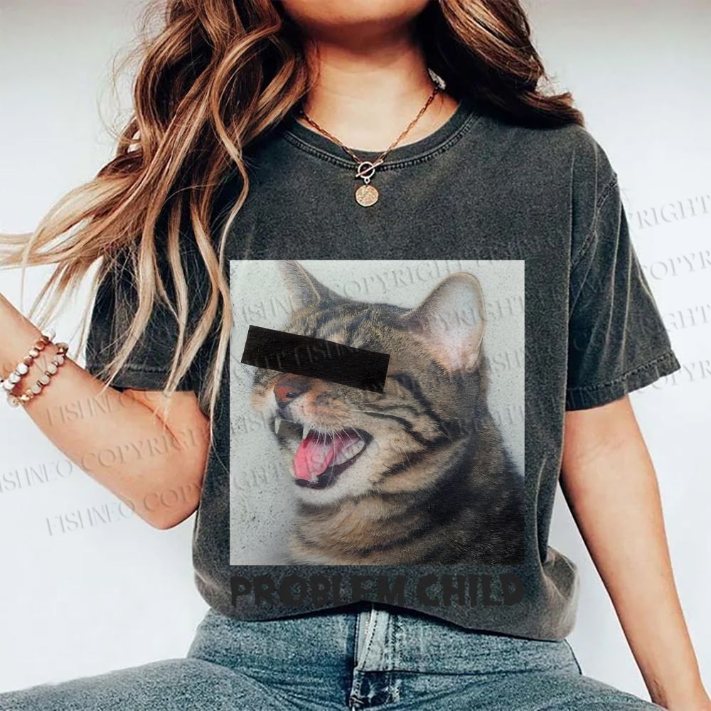 Unisex Angry Cat Problem Child Printed Washed Tee
