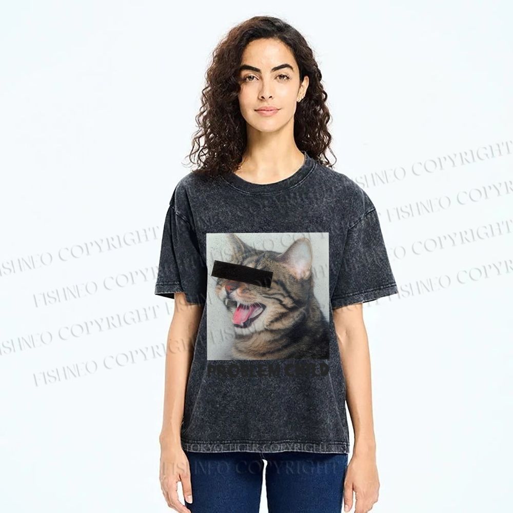 Unisex Angry Cat Problem Child Printed Washed Tee