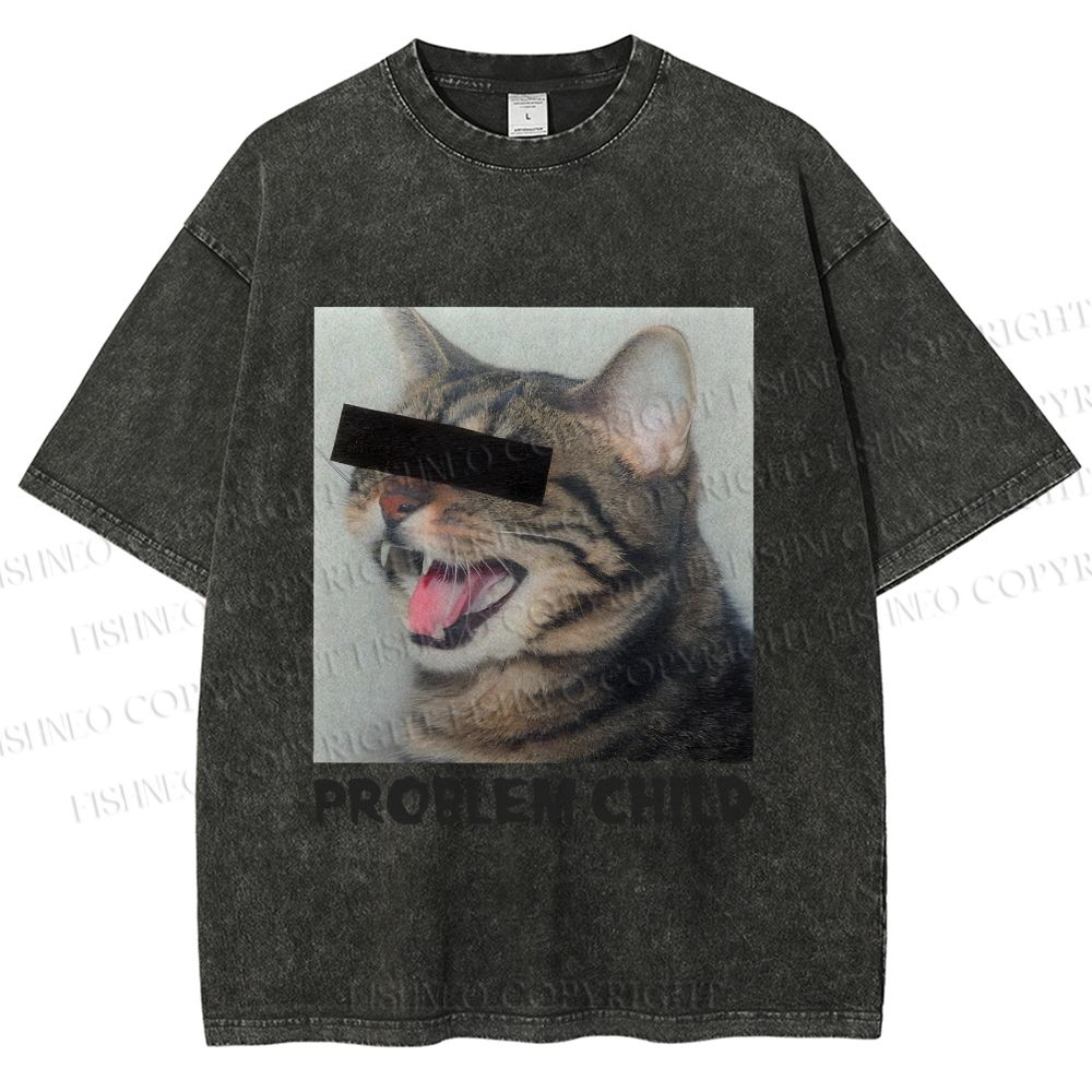 Unisex Angry Cat Problem Child Printed Washed Tee