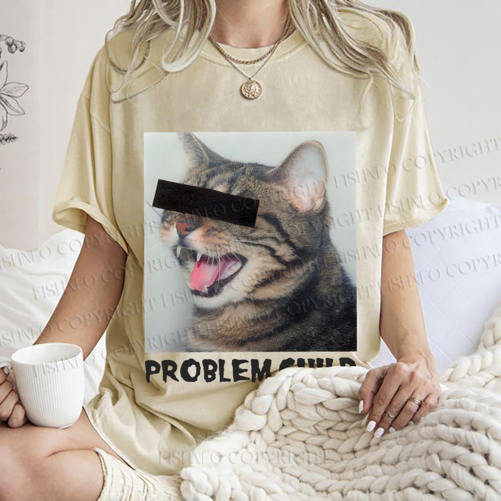 Unisex Angry Cat Problem Child Printed Washed Tee