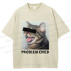 Unisex Angry Cat Problem Child Printed Washed Tee