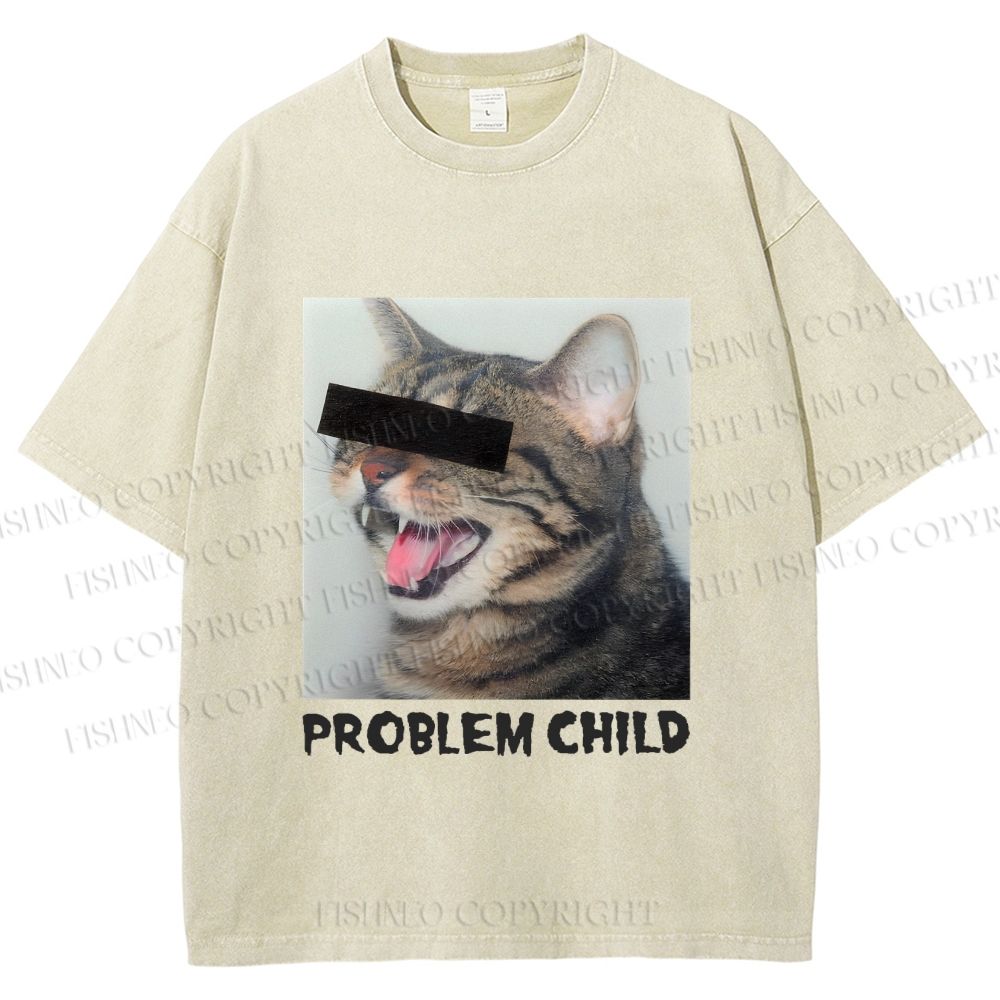 Unisex Angry Cat Problem Child Printed Washed Tee