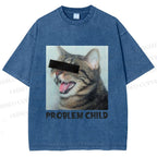 Unisex Angry Cat Problem Child Printed Washed Tee