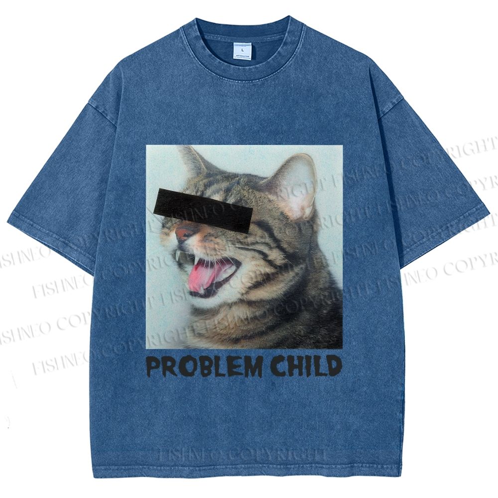 Unisex Angry Cat Problem Child Printed Washed Tee