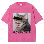 Unisex Angry Cat Problem Child Printed Washed Tee