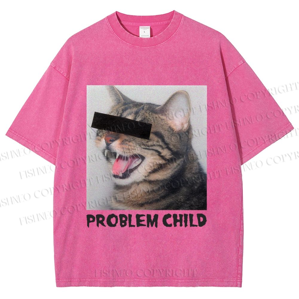 Unisex Angry Cat Problem Child Printed Washed Tee