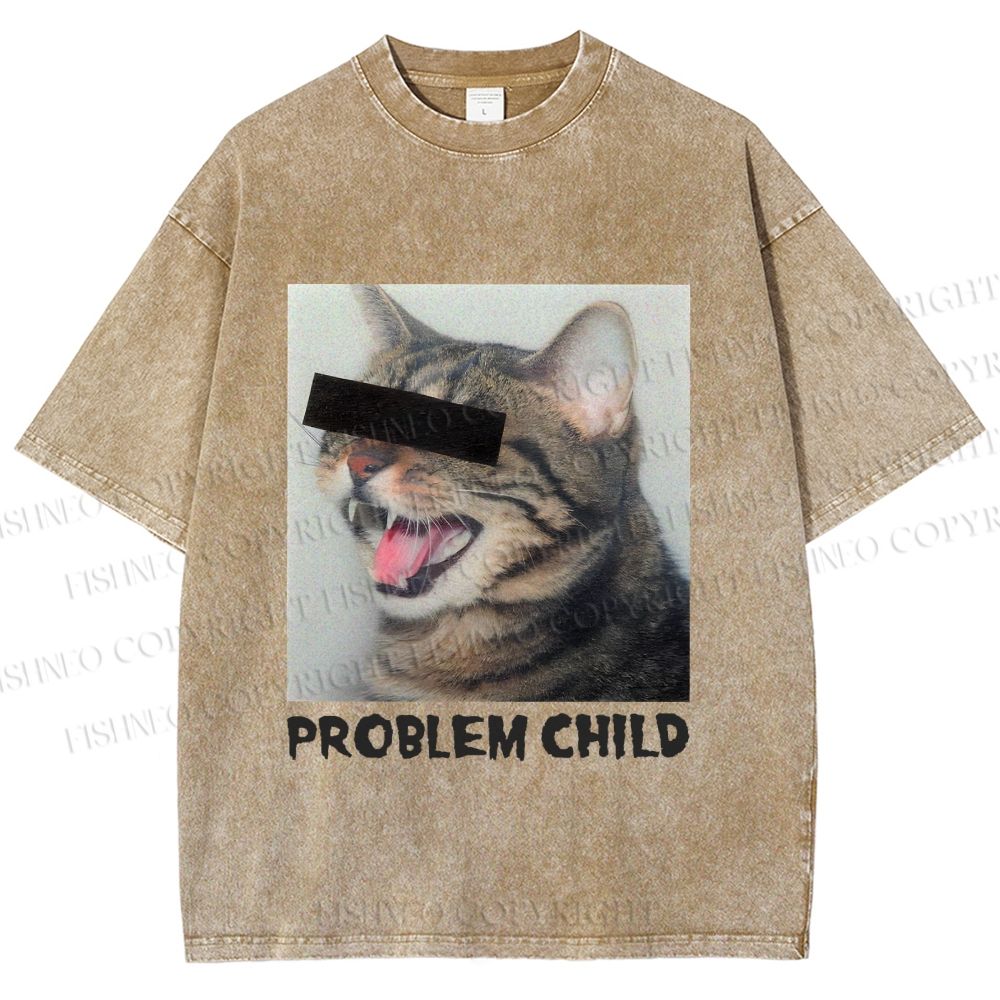 Unisex Angry Cat Problem Child Printed Washed Tee