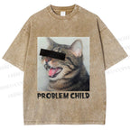 Unisex Angry Cat Problem Child Printed Washed Tee