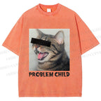 Unisex Angry Cat Problem Child Printed Washed Tee