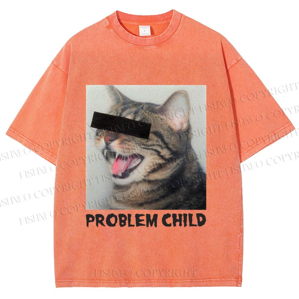 Unisex Angry Cat Problem Child Printed Washed Tee