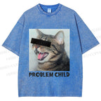 Unisex Angry Cat Problem Child Printed Washed Tee