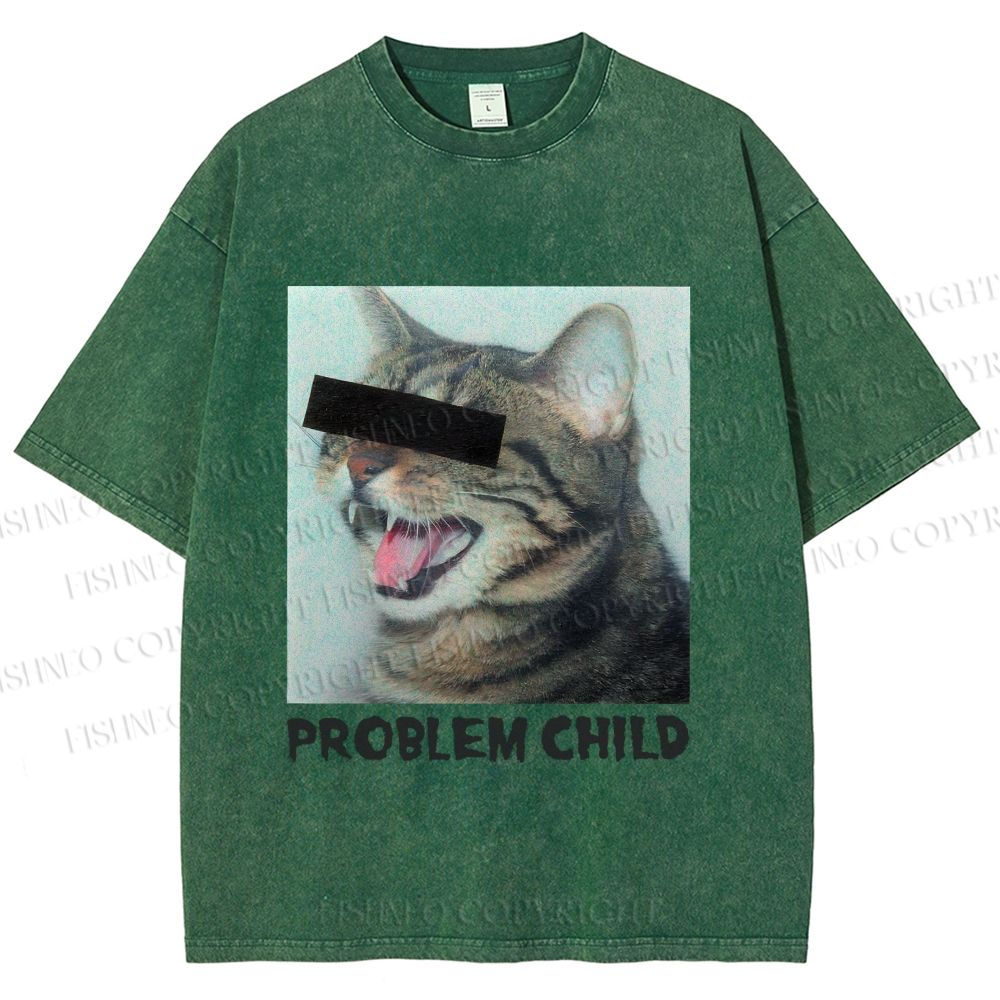 Unisex Angry Cat Problem Child Printed Washed Tee
