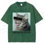 Unisex Angry Cat Problem Child Printed Washed Tee