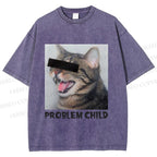 Unisex Angry Cat Problem Child Printed Washed Tee