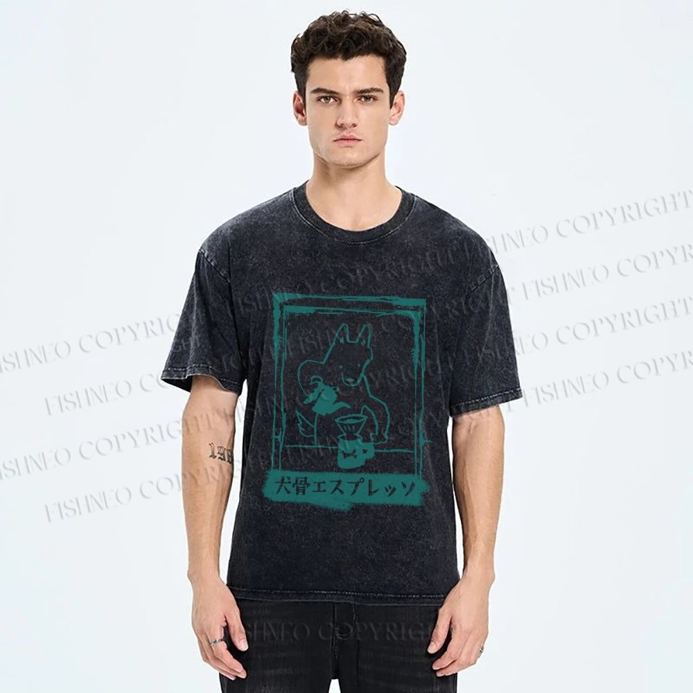 Unisex Dog Bone Coffee Cafe Poster Printed Washed Tee