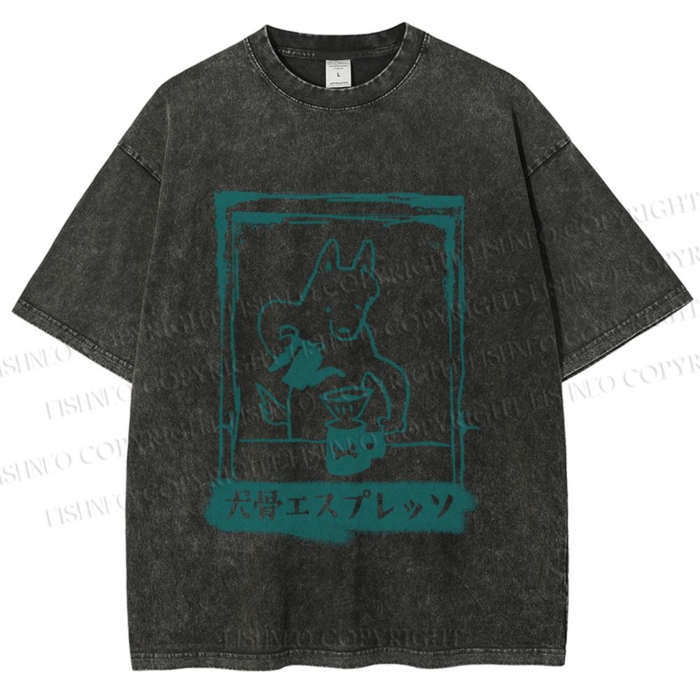 Unisex Dog Bone Coffee Cafe Poster Printed Washed Tee