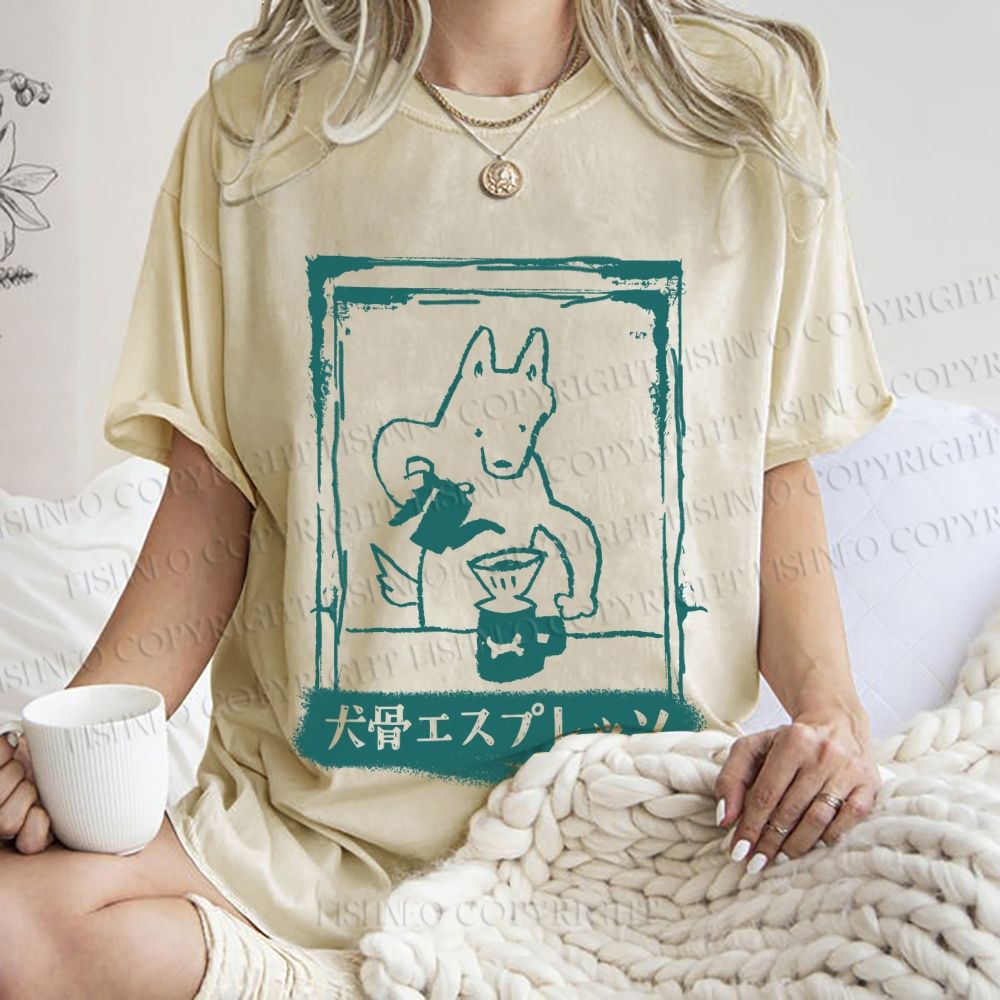 Unisex Dog Bone Coffee Cafe Poster Printed Washed Tee