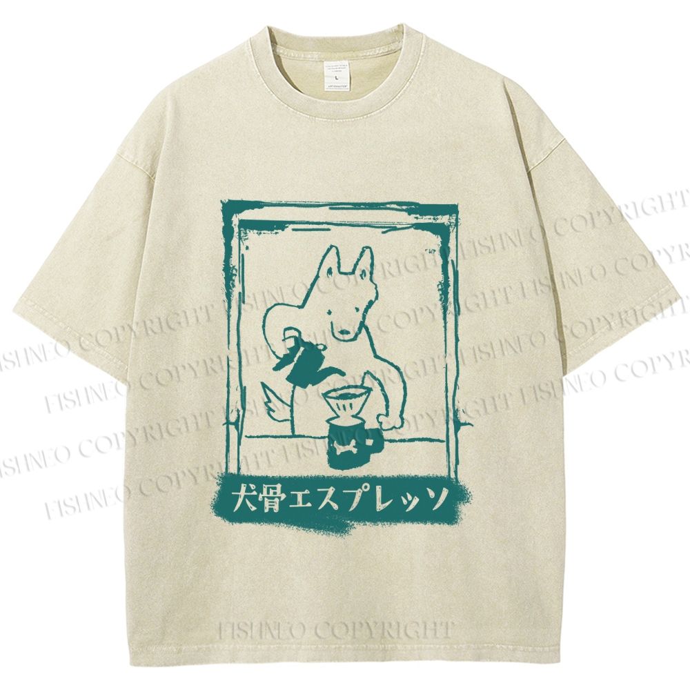 Unisex Dog Bone Coffee Cafe Poster Printed Washed Tee