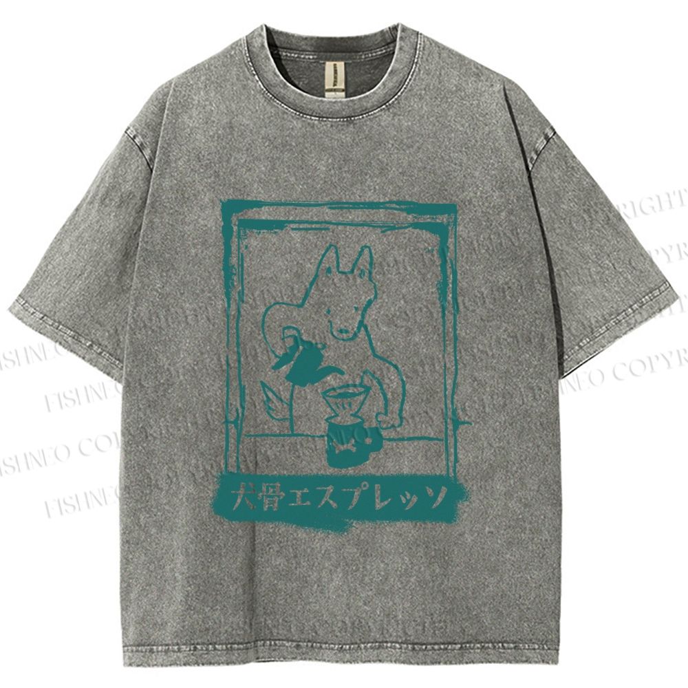Unisex Dog Bone Coffee Cafe Poster Printed Washed Tee