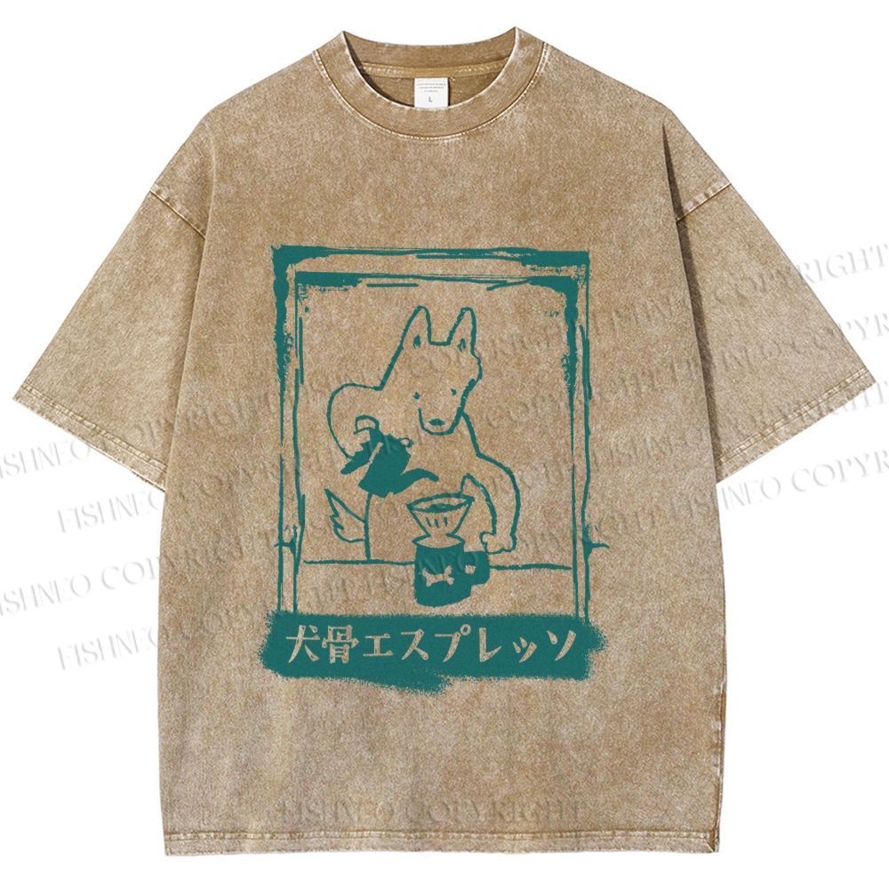 Unisex Dog Bone Coffee Cafe Poster Printed Washed Tee