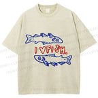 Unisex Vintage I Love Sardine Fish Printed Washed Tee