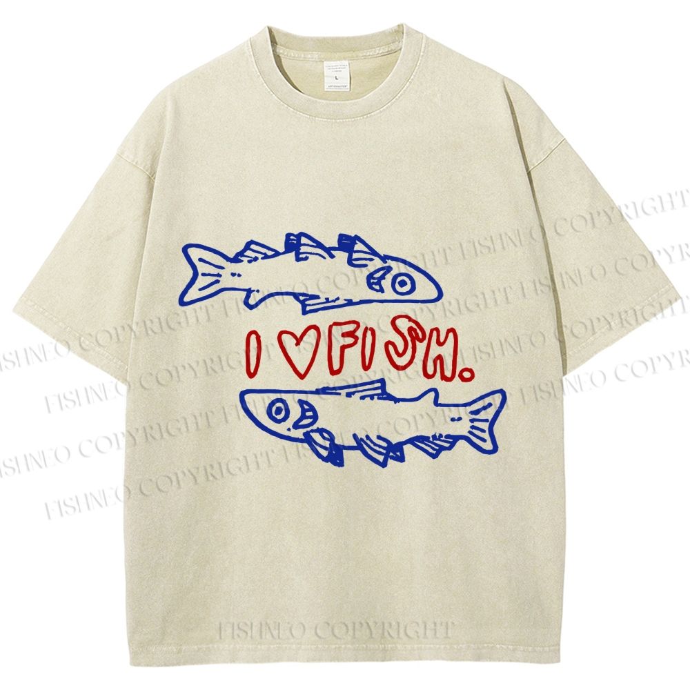 Unisex Vintage I Love Sardine Fish Printed Washed Tee