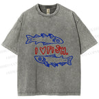 Unisex Vintage I Love Sardine Fish Printed Washed Tee