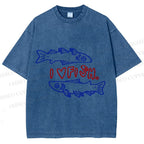Unisex Vintage I Love Sardine Fish Printed Washed Tee