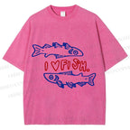 Unisex Vintage I Love Sardine Fish Printed Washed Tee
