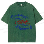 Unisex Vintage I Love Sardine Fish Printed Washed Tee