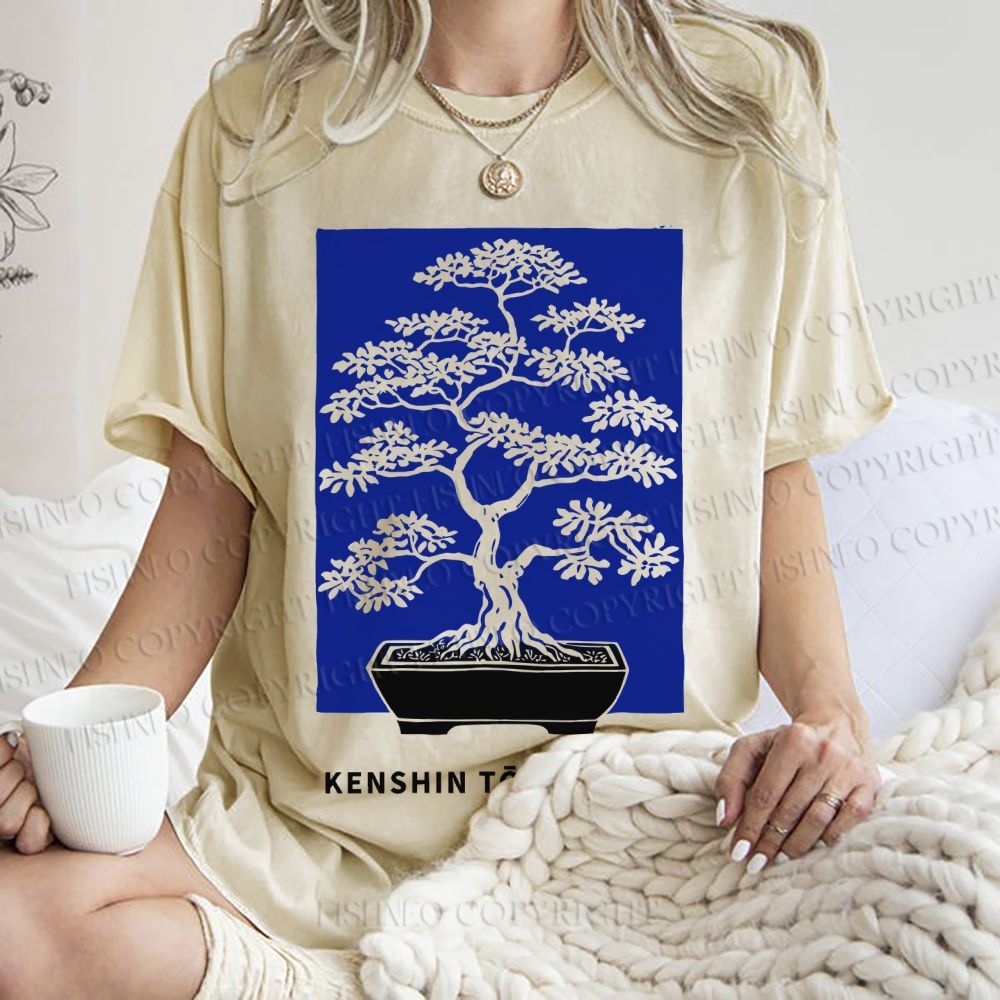 Unisex Vintage Japanese Art Potted Plant Printed Washed Tee