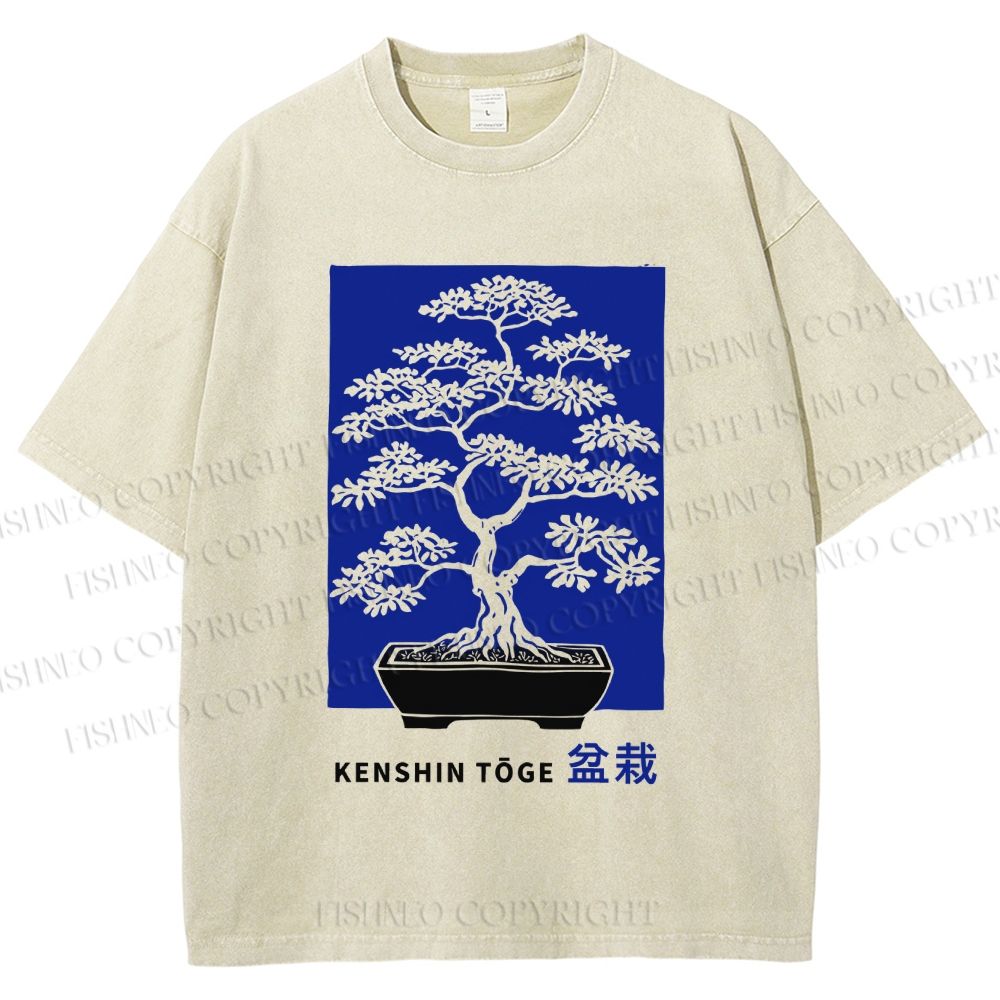 Unisex Vintage Japanese Art Potted Plant Printed Washed Tee