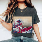 Unisex Vintage Japanese Wave Octopus Printed Washed Tee