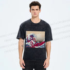 Unisex Vintage Japanese Wave Octopus Printed Washed Tee