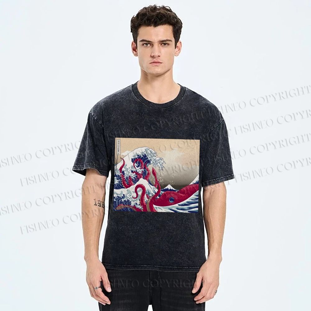 Unisex Vintage Japanese Wave Octopus Printed Washed Tee