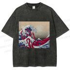 Unisex Vintage Japanese Wave Octopus Printed Washed Tee