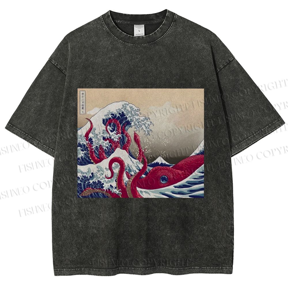 Unisex Vintage Japanese Wave Octopus Printed Washed Tee