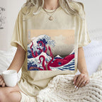 Unisex Vintage Japanese Wave Octopus Printed Washed Tee