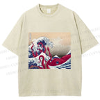 Unisex Vintage Japanese Wave Octopus Printed Washed Tee