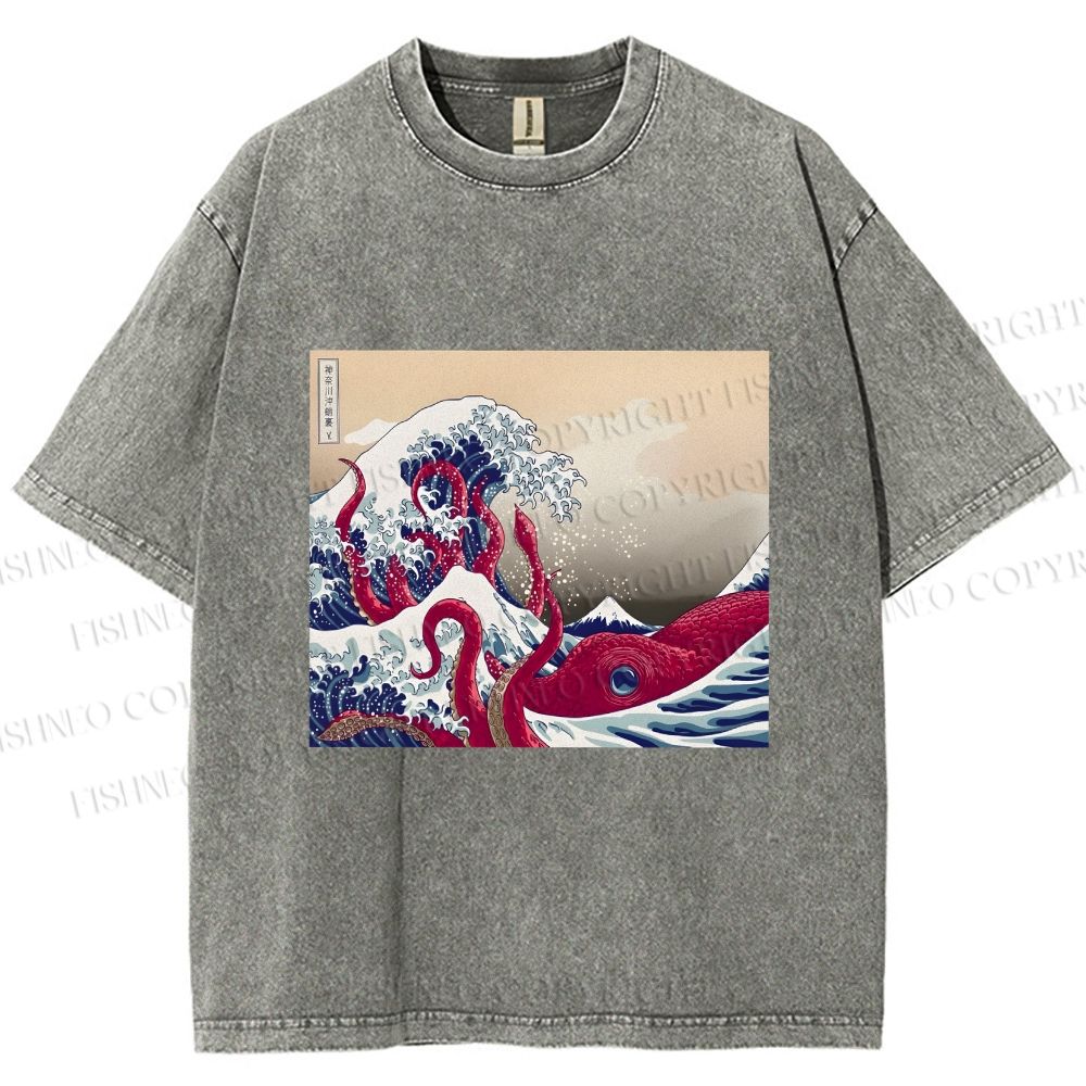 Unisex Vintage Japanese Wave Octopus Printed Washed Tee