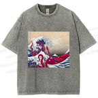 Unisex Vintage Japanese Wave Octopus Printed Washed Tee