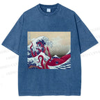 Unisex Vintage Japanese Wave Octopus Printed Washed Tee