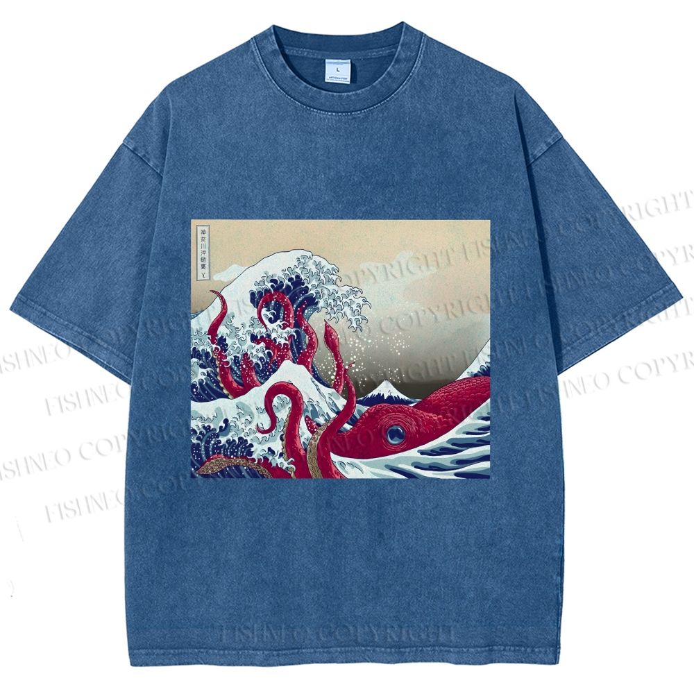 Unisex Vintage Japanese Wave Octopus Printed Washed Tee