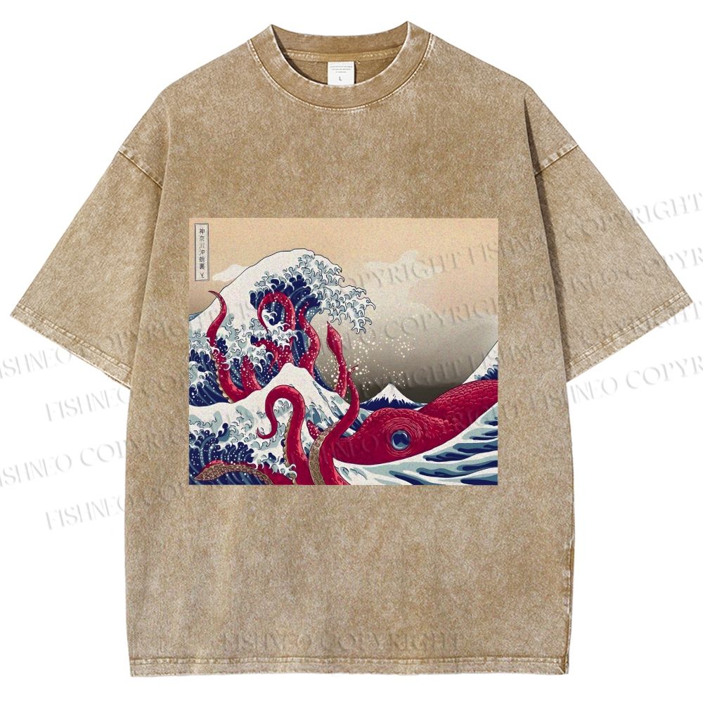Unisex Vintage Japanese Wave Octopus Printed Washed Tee