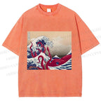 Unisex Vintage Japanese Wave Octopus Printed Washed Tee