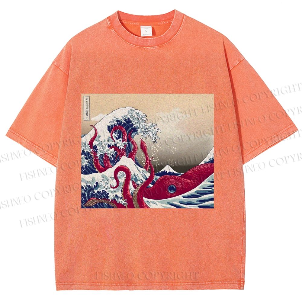 Unisex Vintage Japanese Wave Octopus Printed Washed Tee